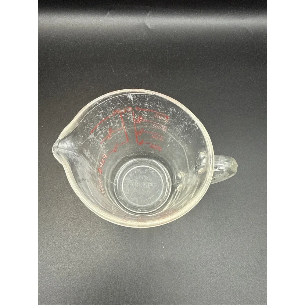 Vintage Fire King 1 Cup Measuring Cup #496 Red Letter Cloudy Glass Scratches